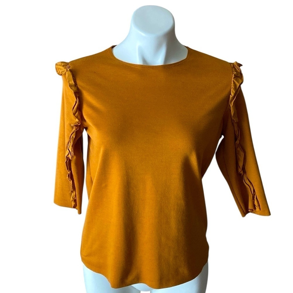 Zara Trafaluc Womenβs Brown Mustard Blouse With 3/4 Inch Sleeves Size 8 Medium